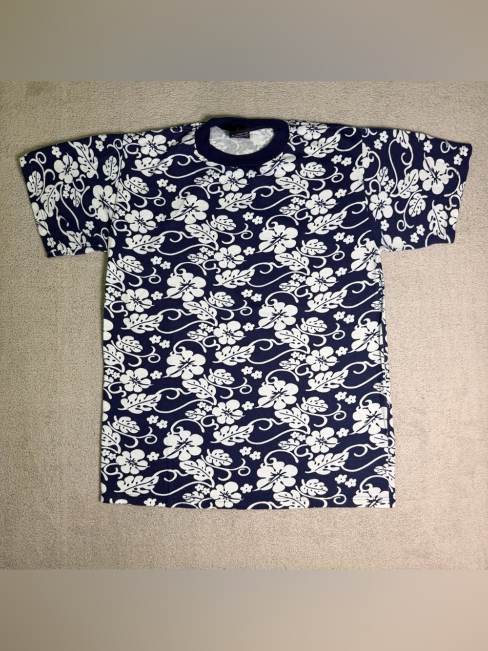 Custom Tees Floral Hawaiian AOP T Shirt Men’s Medium Blue Nautical USA Made Y2K